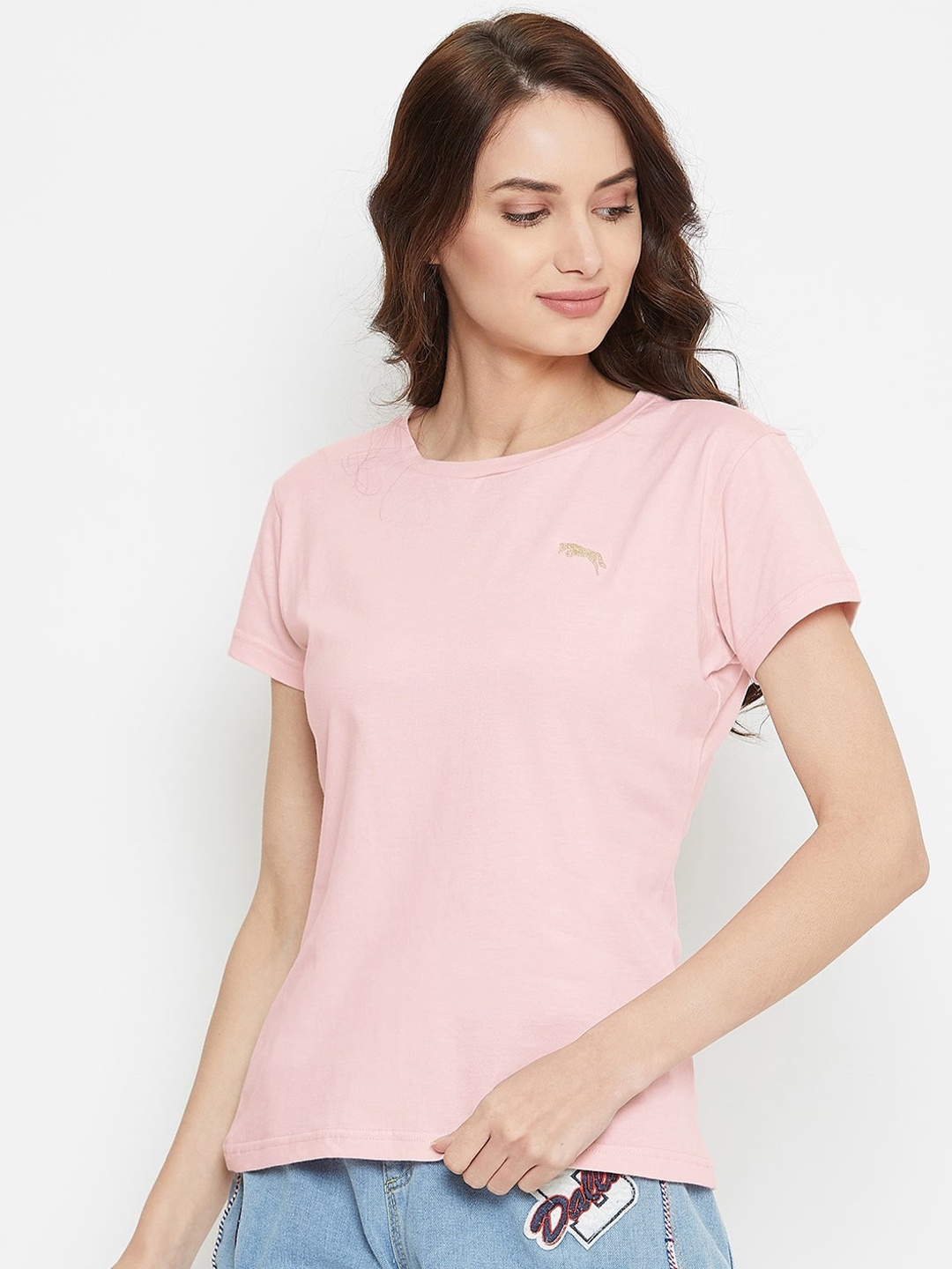 

JUMP USA Women Pink Solid Pure Cotton Regular Fit T-shirt