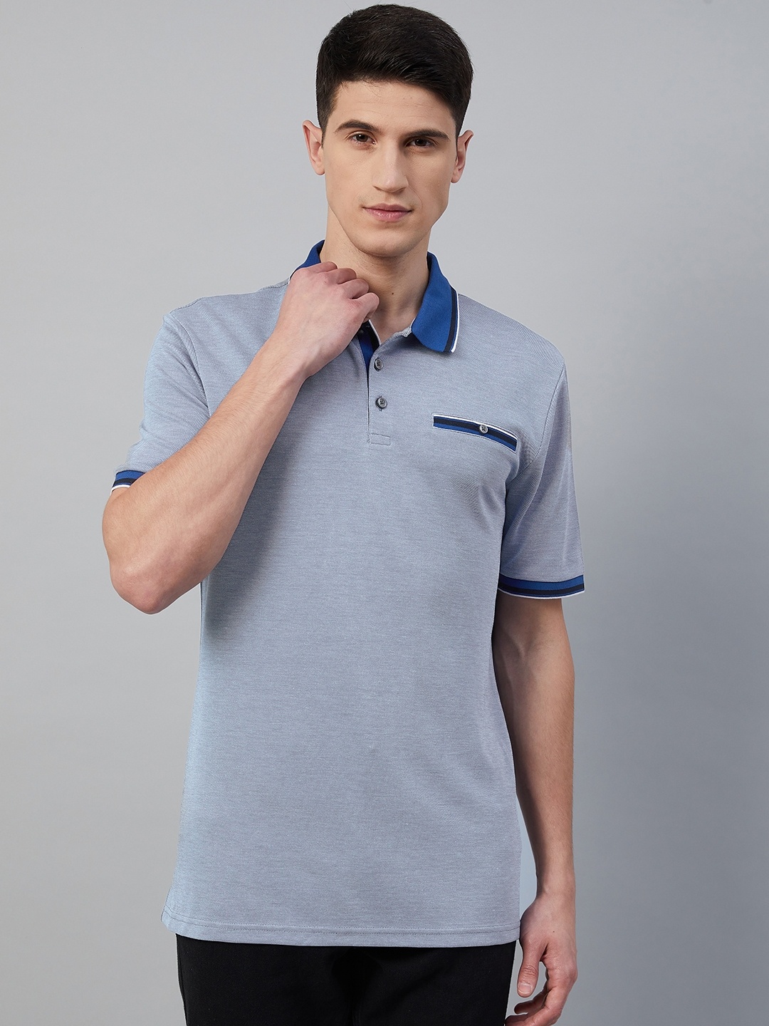 

Marks & Spencer Men Blue Polo Collar Pockets Slim Fit T-shirt