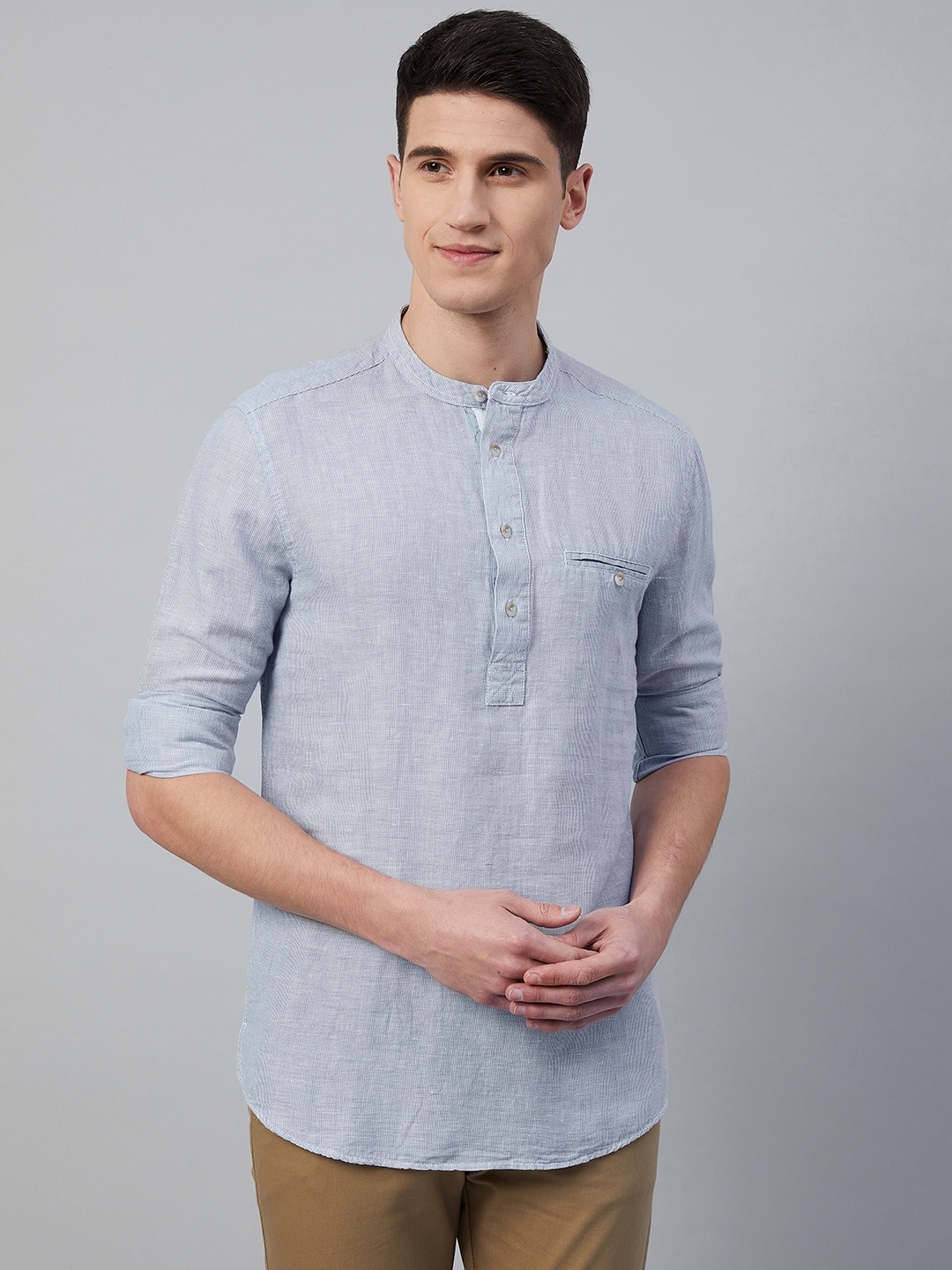 

Marks & Spencer Men Blue Linen Pockets Slim Fit T-shirt