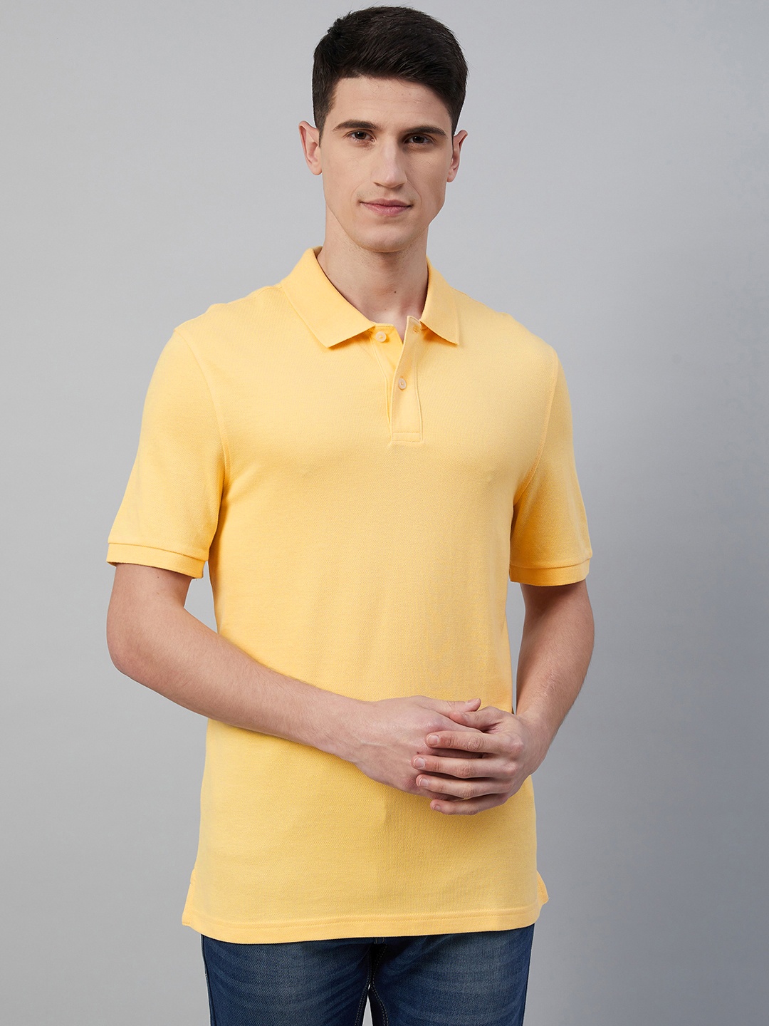 

Marks & Spencer Men Yellow Polo Collar Pure Cotton Slim Fit T-shirt