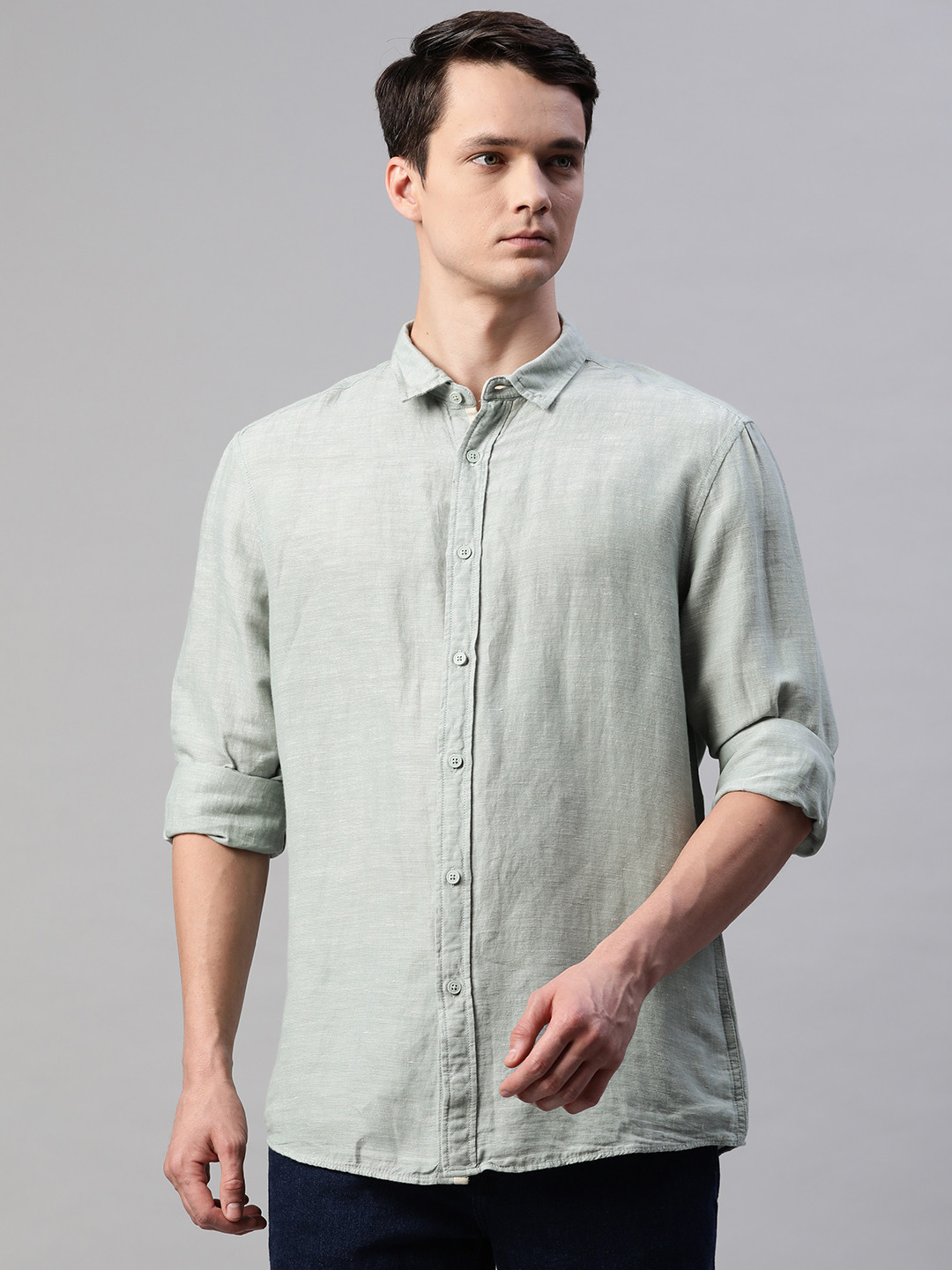 

Marks & Spencer Men Grey with A Tinge Of Green Solid Casual Shirt