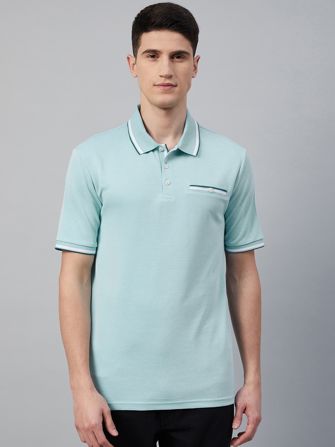 

Marks & Spencer Men Turquoise Blue Polo Collar Pockets Slim Fit T-shirt
