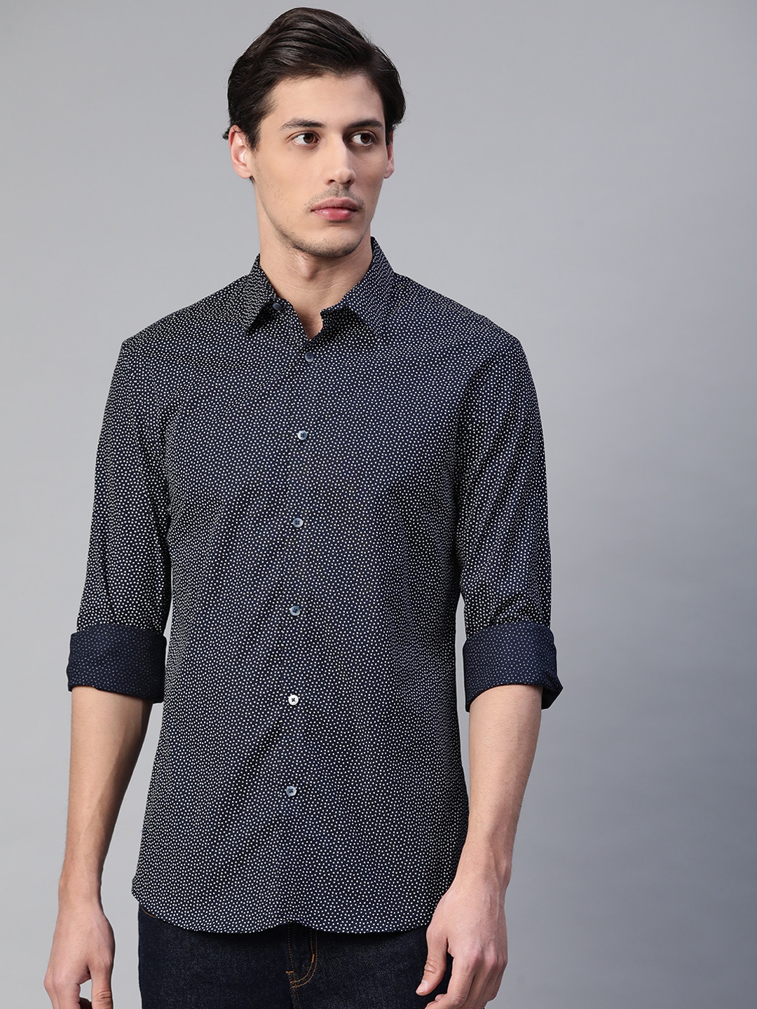 

Marks & Spencer Men Navy Blue Slim Fit Micro Checks Printed Casual Shirt