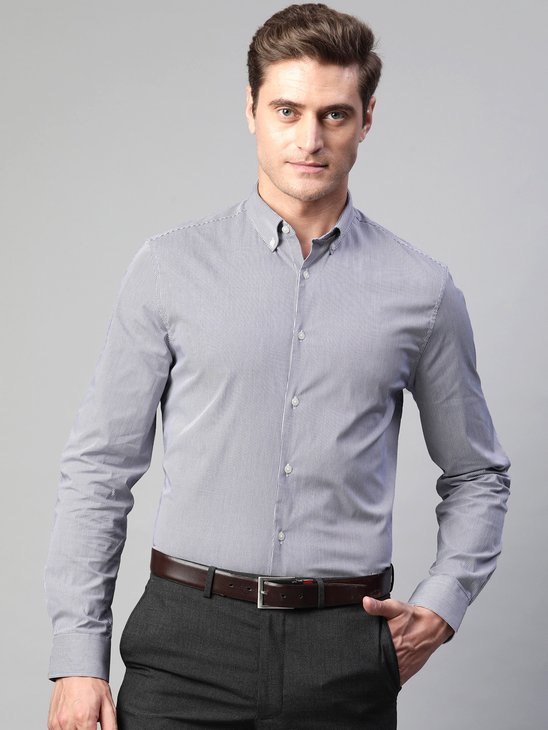

Marks & Spencer Men Grey Slim Fit Striped Formal Shirt