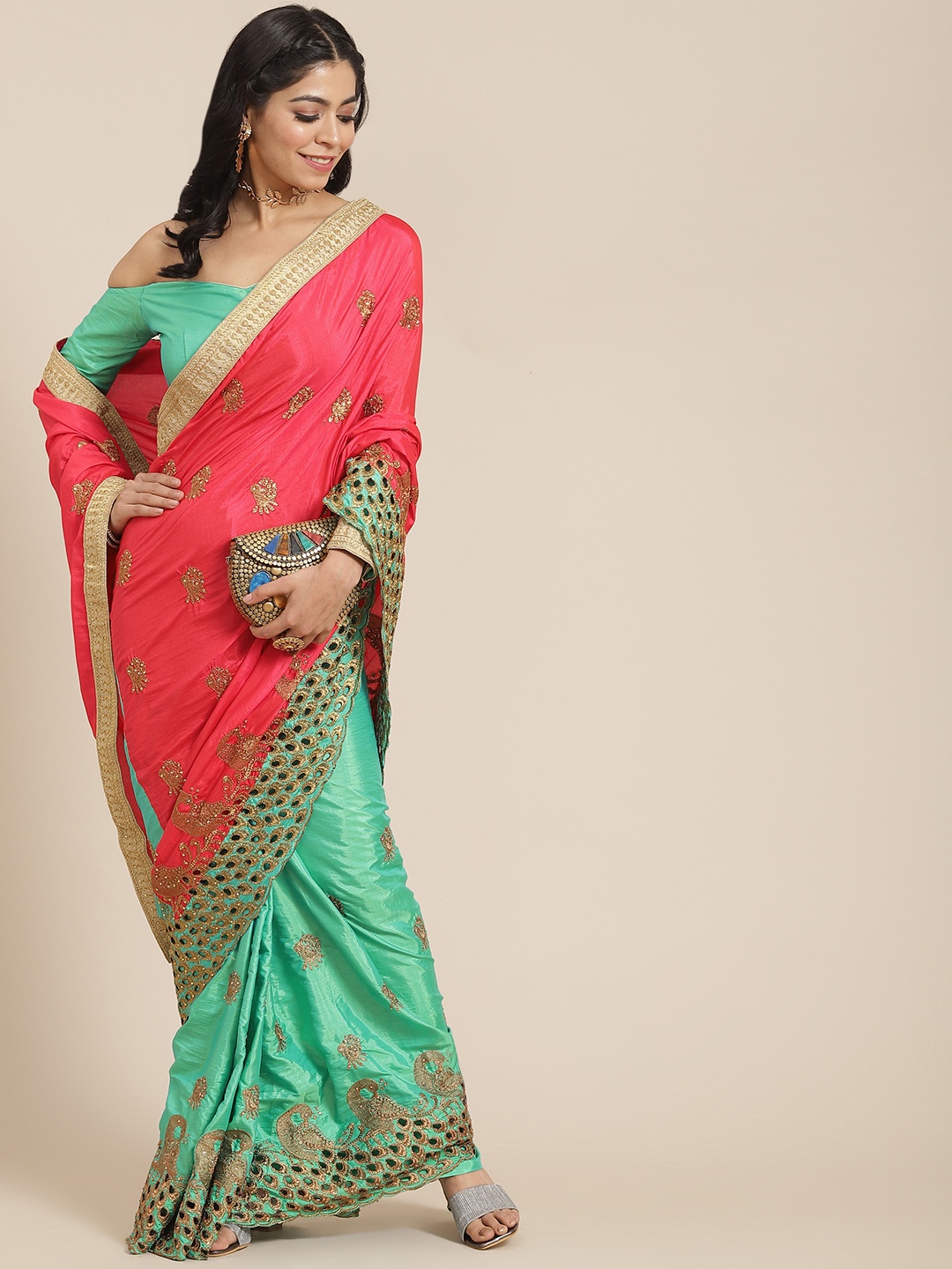 

RAJGRANTH Women Green & Pink Pure Silk Embroidered Half and Half Saree