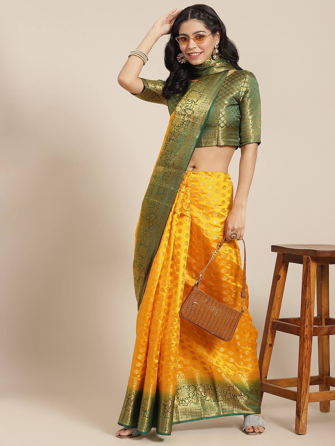 

RAJGRANTH Yellow & Green Zari Woven Design Silk Cotton Banarasi Saree
