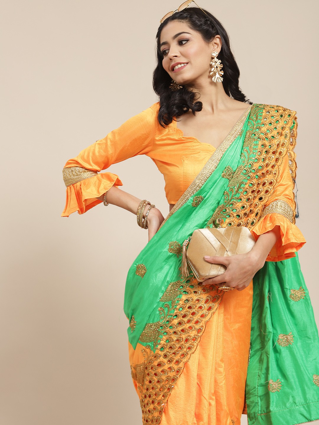 

RAJGRANTH Women Yellow & Green Pure Silk Embroidered Half and Half Saree