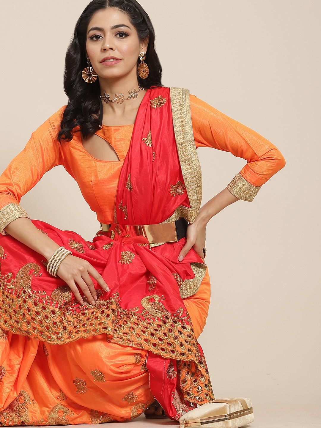 

RAJGRANTH Women Yellow & Pink Pure Silk Embroidered Half and Half Saree