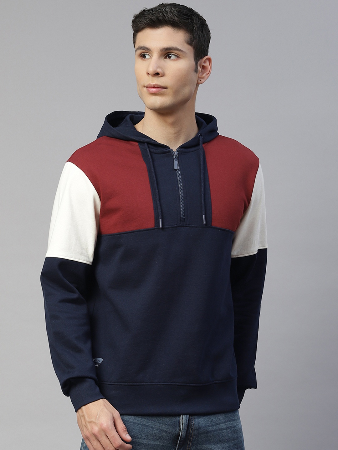 

Marks & Spencer Men Navy Blue Pure Cotton Colourblocked Hooded Sweatshirt