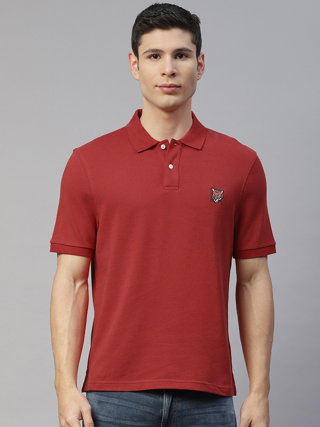 

Marks & Spencer Men Red Pure Cotton Polo Collar Applique Detail T-shirt