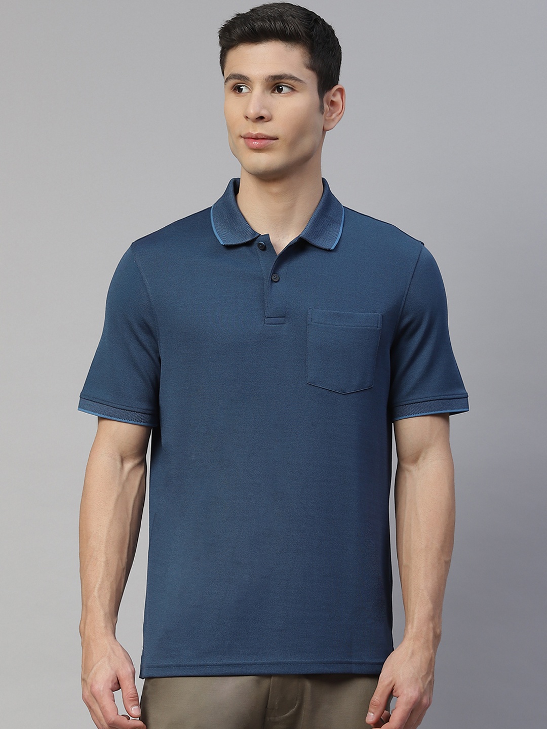 Marks & Spencer Men Blue Pure Cotton Polo Collar T-shirt