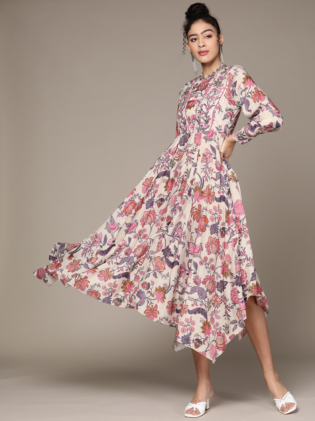 

Ritu Kumar Women Off White & Pink Floral Printed A-Line Midi Dress