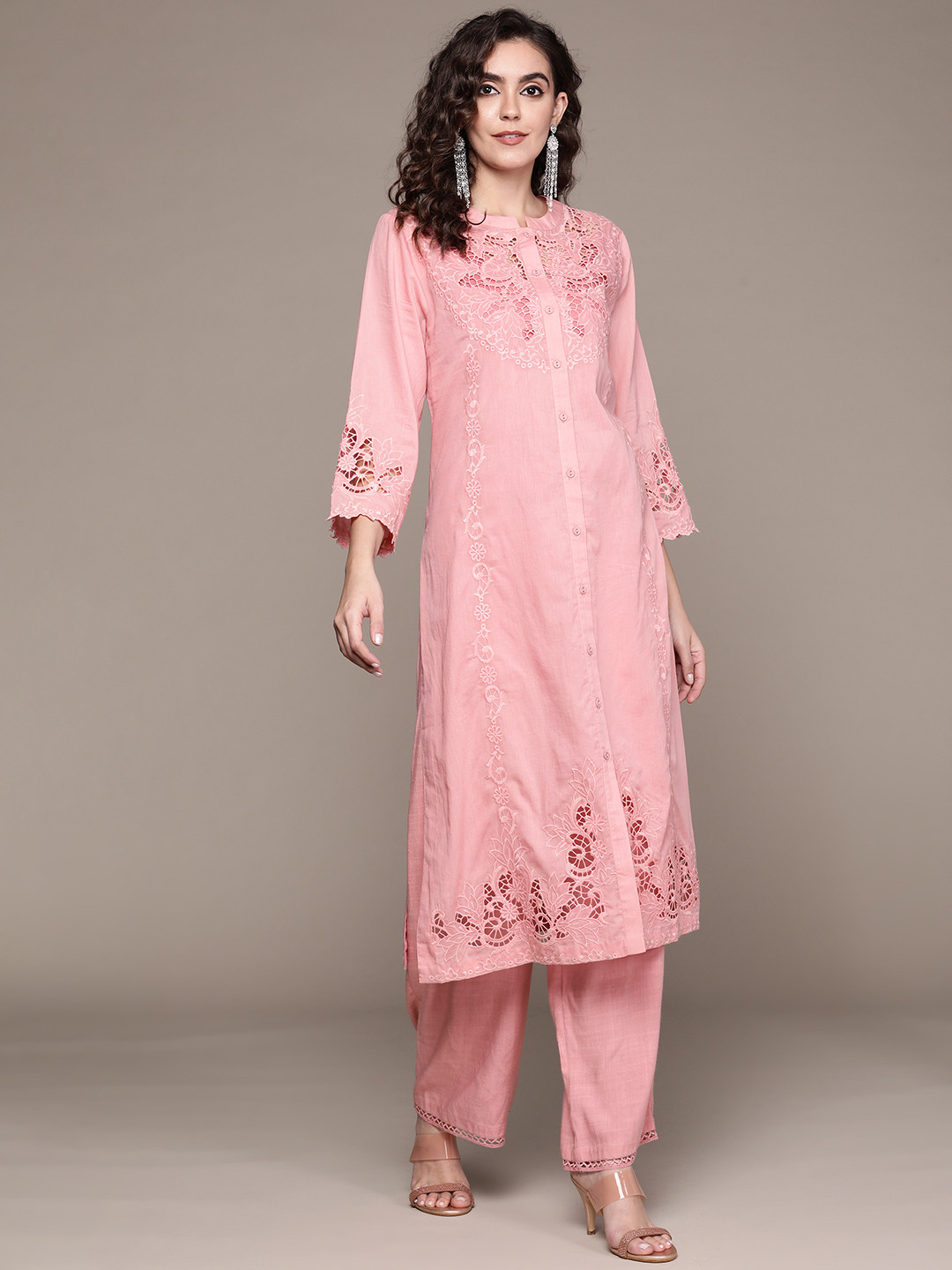 

Ritu Kumar Women Pink Pure Cotton Floral Embroidered Kurta with Palazzos