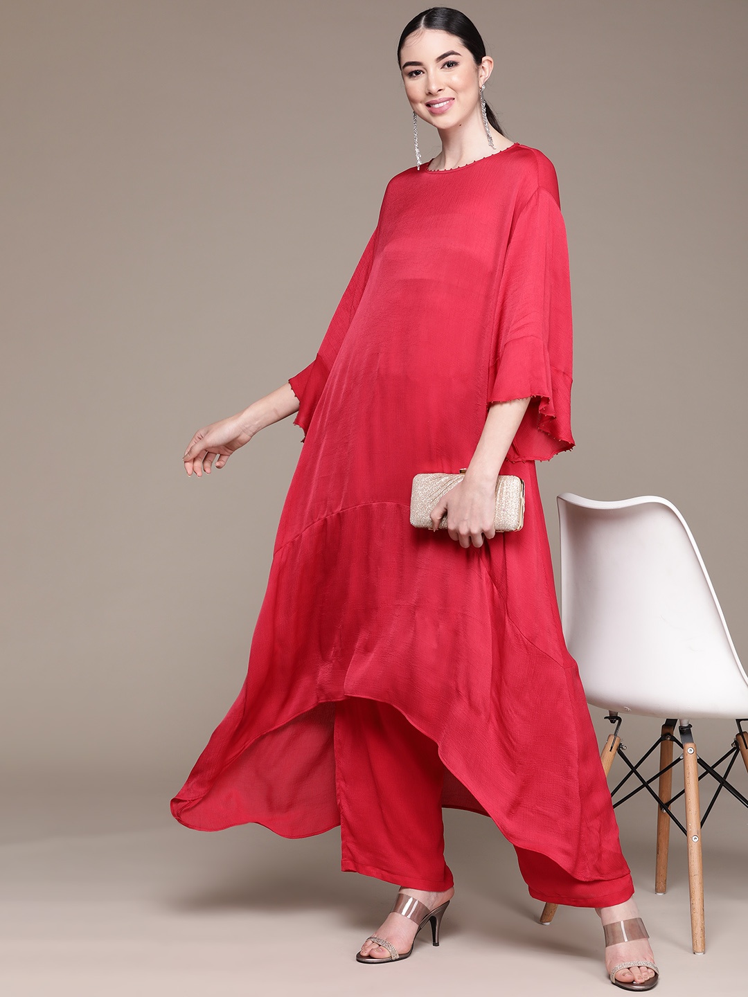 

Ritu Kumar Women Red Beads and Stones Detail Asymmetric Kurta with Palazzos
