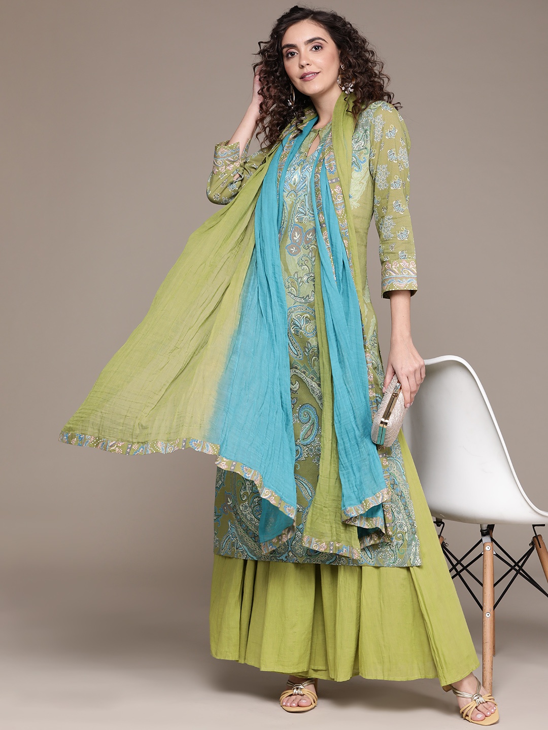 

Ritu Kumar Women Olive Green Printed Pure Cotton Kurta with Sharara & Dupatta