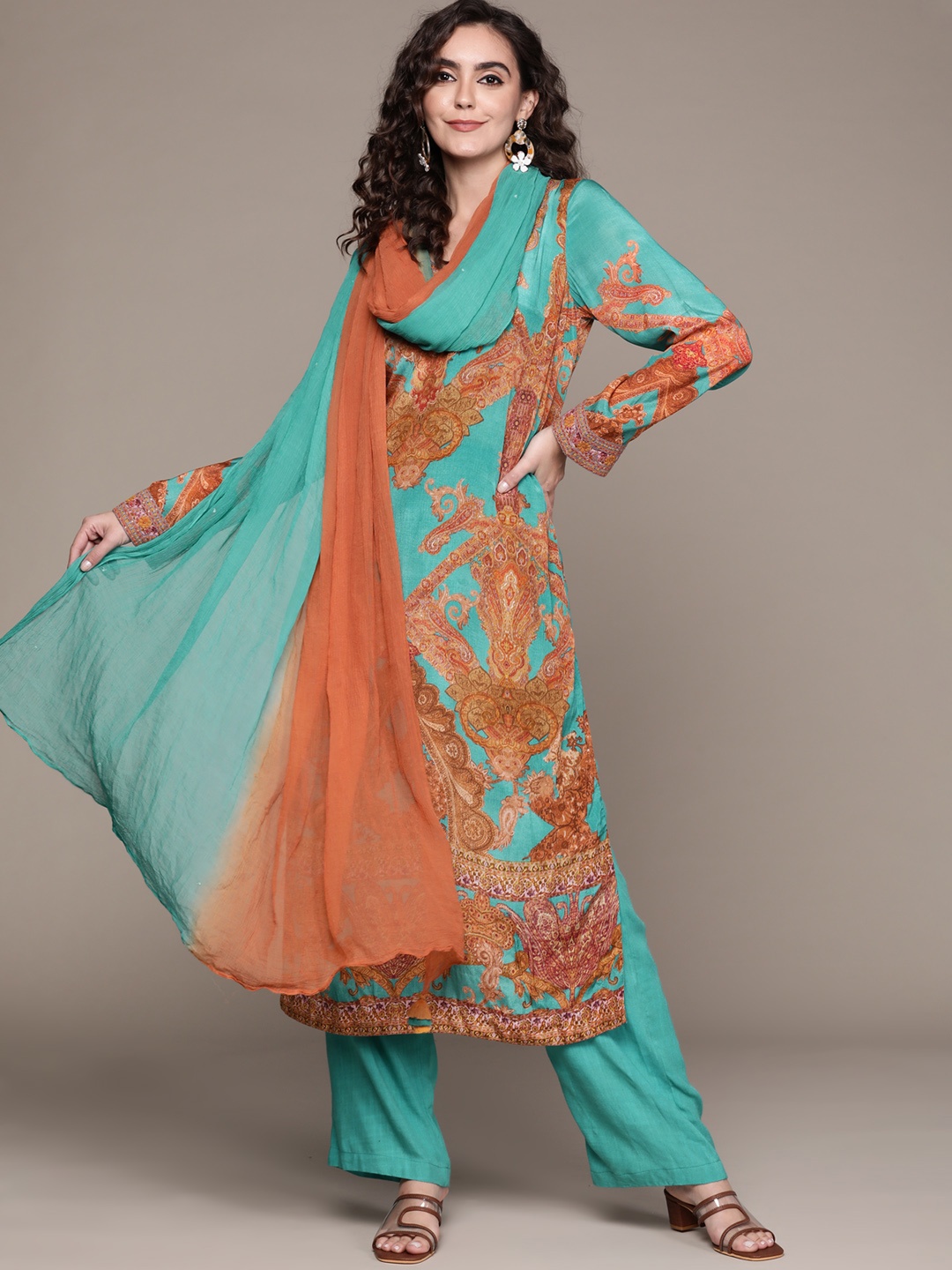 

Ritu Kumar Women Blue Paisley Printed Kurta with Palazzos & Dupatta