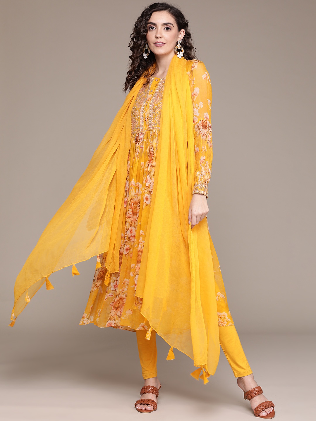 

Ritu Kumar Women Yellow Floral Printed Thread Work Kurta Set & Dupatta