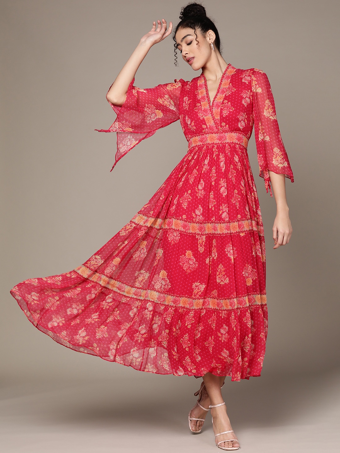

Ritu Kumar Rose Pink & Mustard Yellow Floral Print V-Neck Flared Sleeves Empire Midi Dress