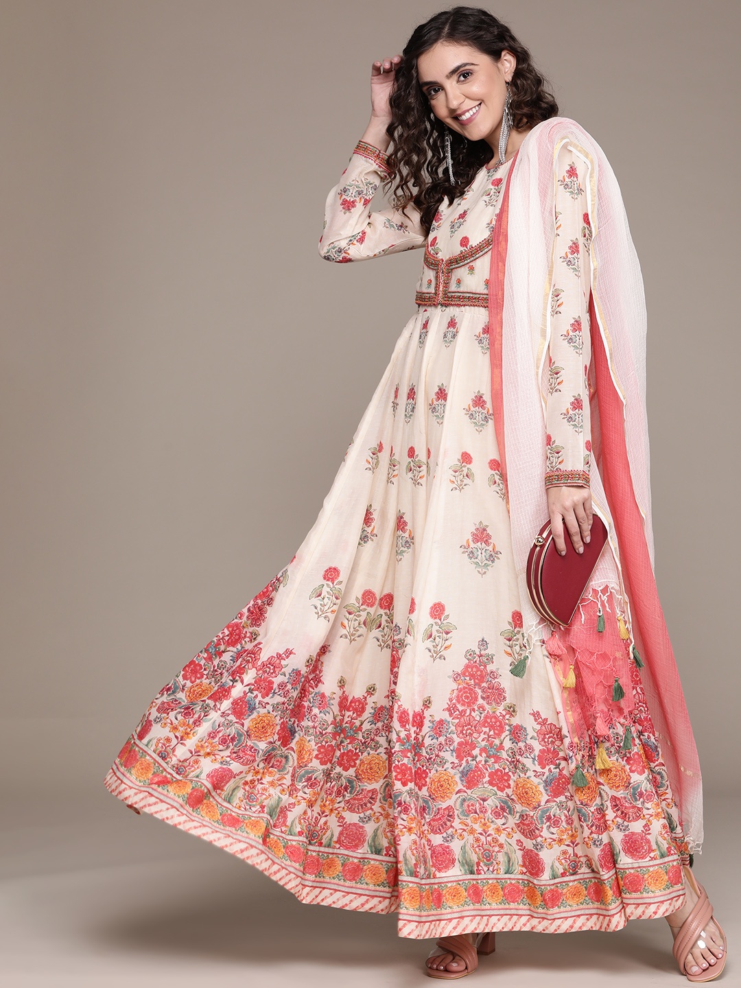 

Ritu Kumar Women Beige Floral Printed Thread Work Kurta Set With Dupatta