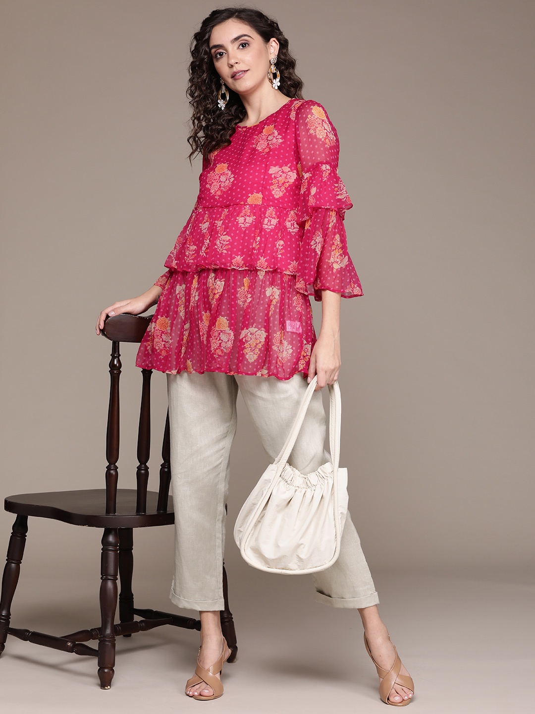 

Ritu Kumar Women Pink Floral Printed Pleated Layered Kurti