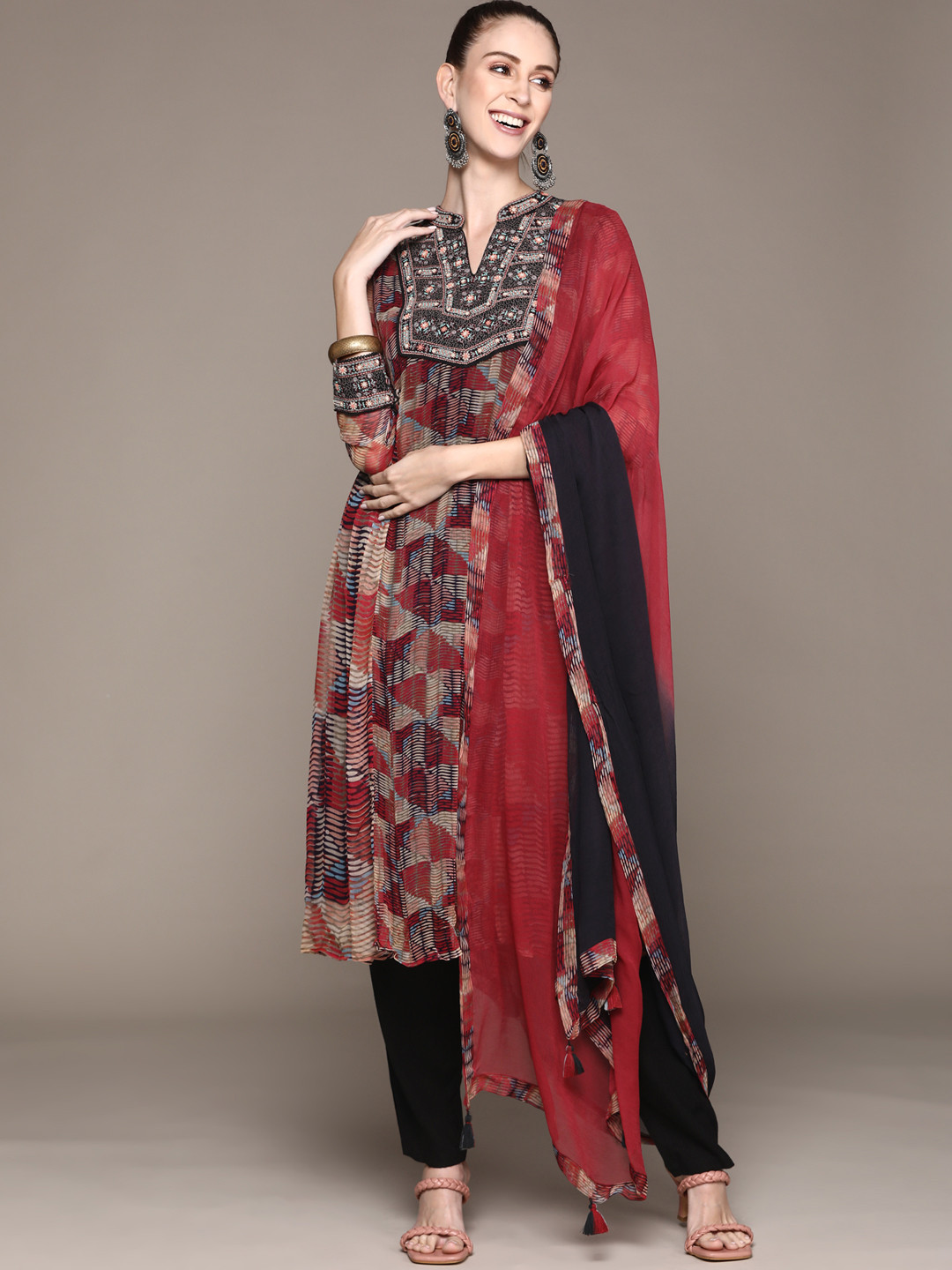 

Ritu Kumar Women Red Printed Beads and Stones Kurta with Trousers & With Dupatta