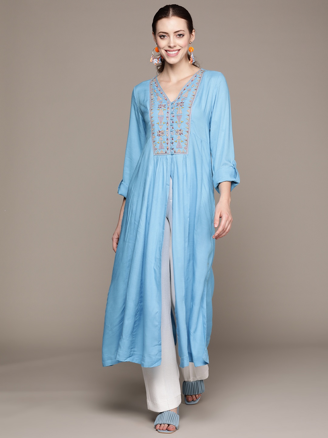 

Ritu Kumar Women Blue Ethnic Motifs Embroidered Yoke Design A-Line Kurta