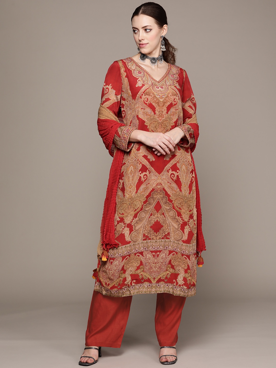 

Ritu Kumar Women Red Floral Kurta with Palazzos & With Dupatta