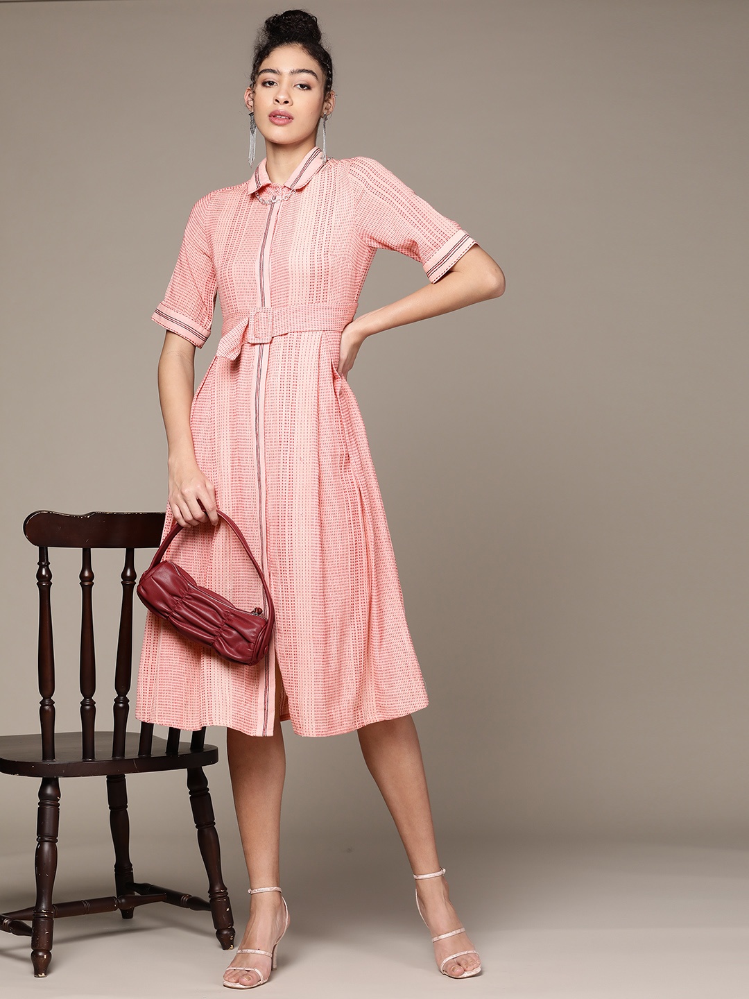 

Ritu Kumar Women Rose Woven Design A-Line Midi Yarn Dyed Dress