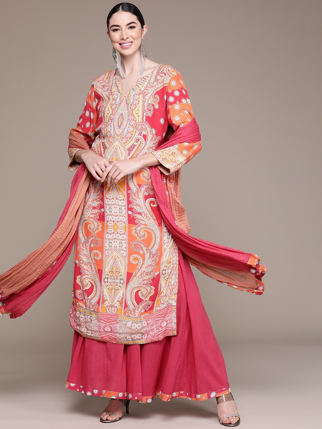 

Ritu Kumar Women Red Ethnic Motifs Printed Kurta with Sharara & Dupatta