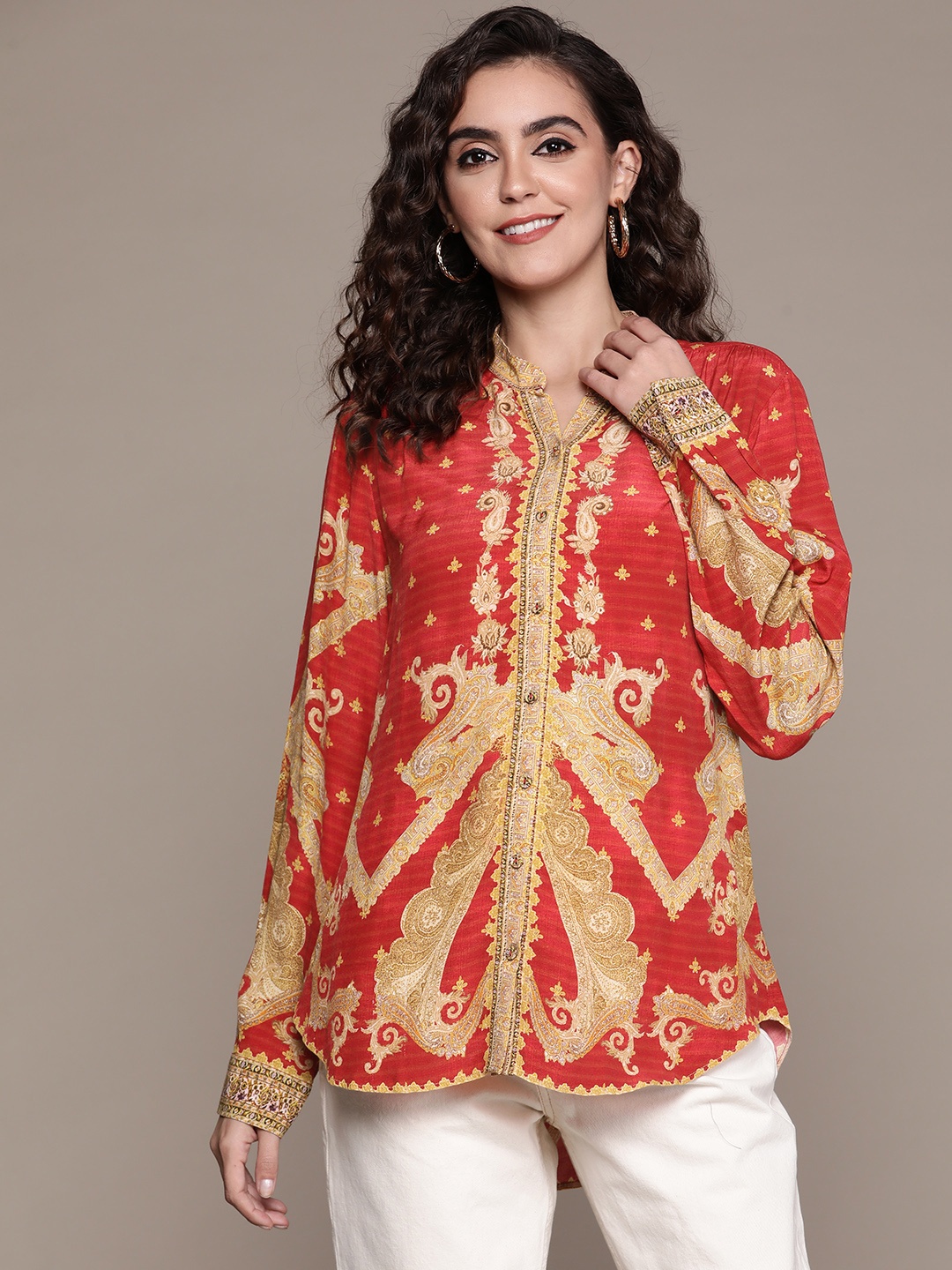 

Ritu Kumar Women Red & Beige Ethnic Motifs Printed Shirt Style Kurti