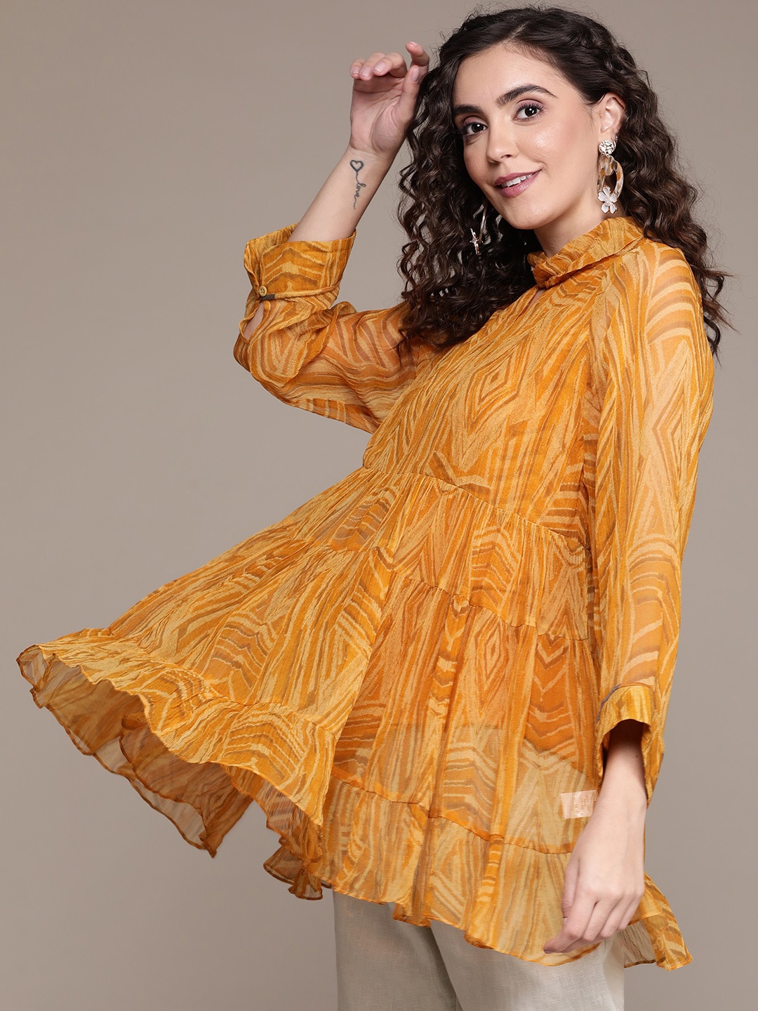 

Ritu Kumar Women Mustard Yellow Printed Twisted Collar Tiered Kurti with Camisole