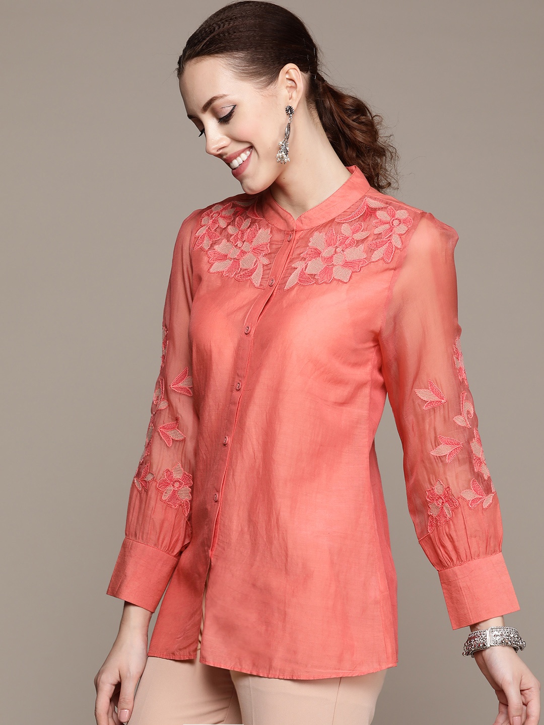 

Ritu Kumar Women Peach-Coloured Floral Embroidered Kurti