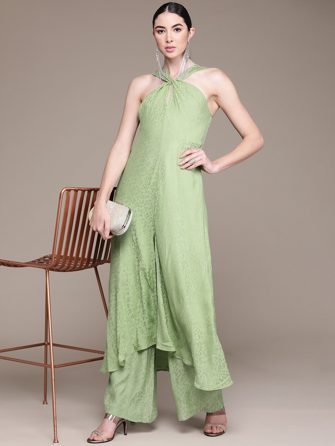 

Ritu Kumar Women Green Self Design Halter Neck Sleeveless Kurta with Palazzos
