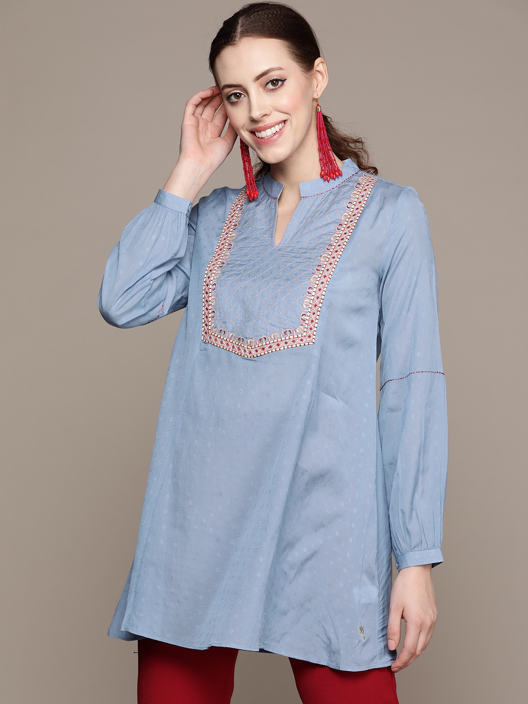 

Ritu Kumar Women Blue Ethnic Motifs Embroidered Yoke Design Kurti