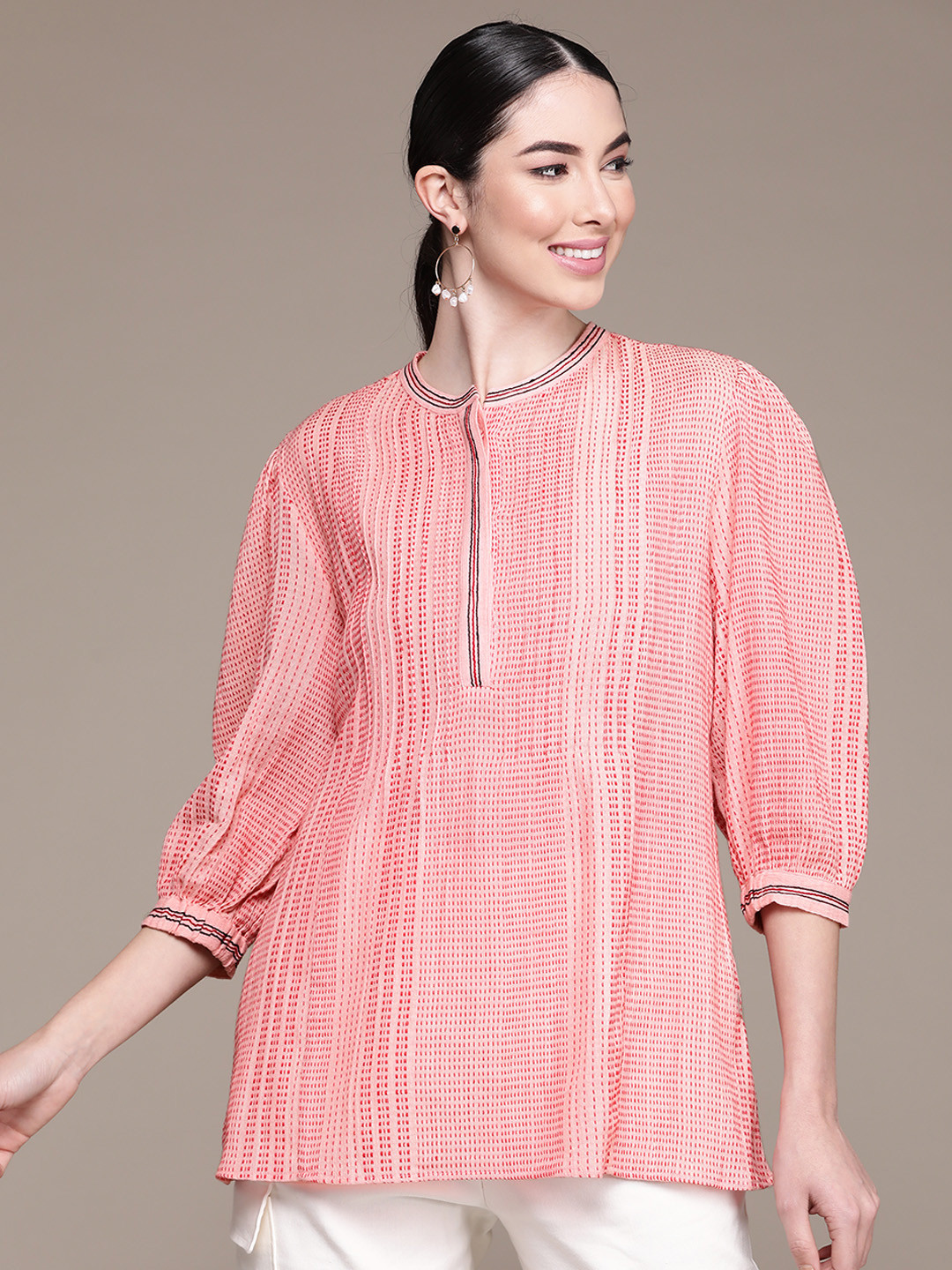 

Ritu Kumar Women Pink Woven Design Pure Cotton Pleated Yarn Dyed Kurti