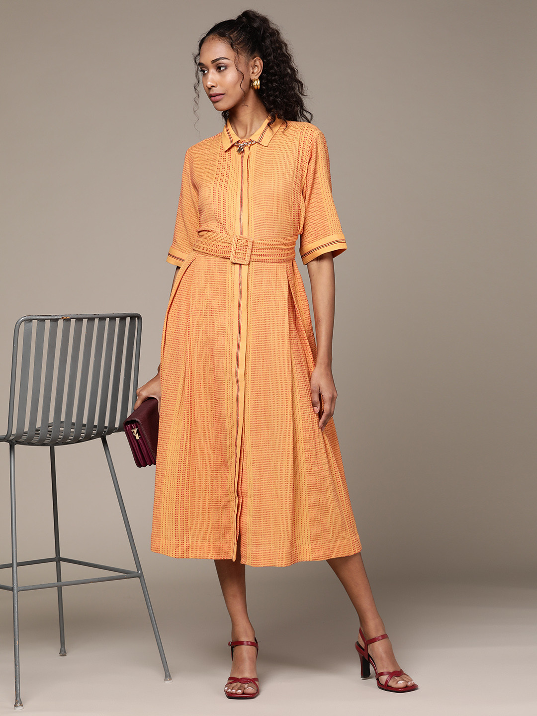

Ritu Kumar Women Mustard Yellow Woven Design A-Line Midi Yarn Dyed Dress