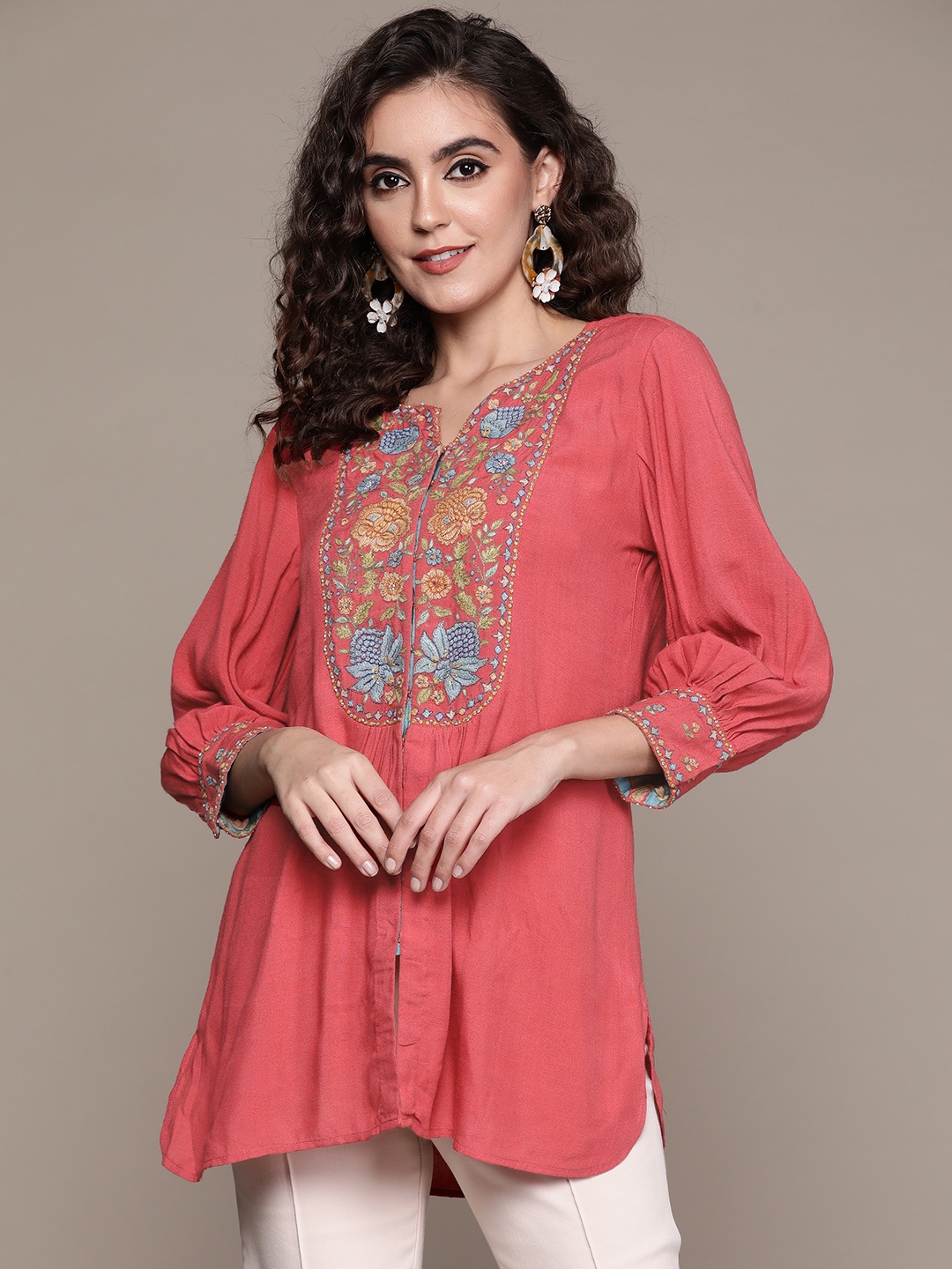 

Ritu Kumar Women Rust Red Ethnic Motifs Embroidered Pleated Kurti