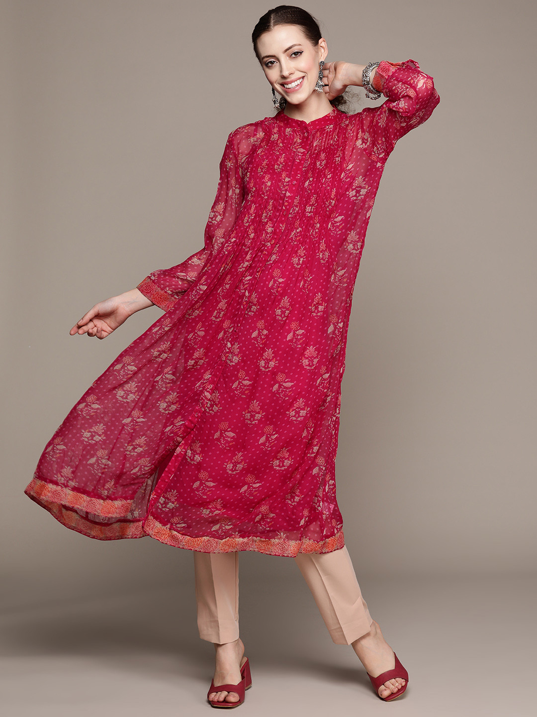 

Ritu Kumar Women Magenta Floral Printed Floral A-Line Kurta with Camisole
