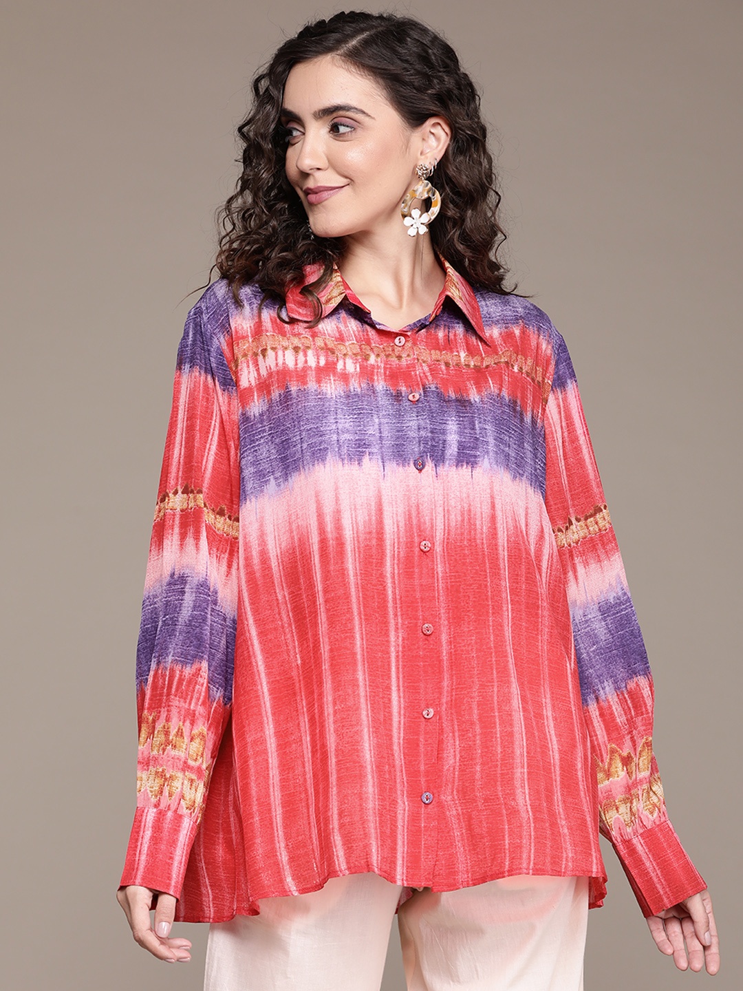 

Ritu Kumar Women Rust Red & Purple Tie & Dye Casual Shirt