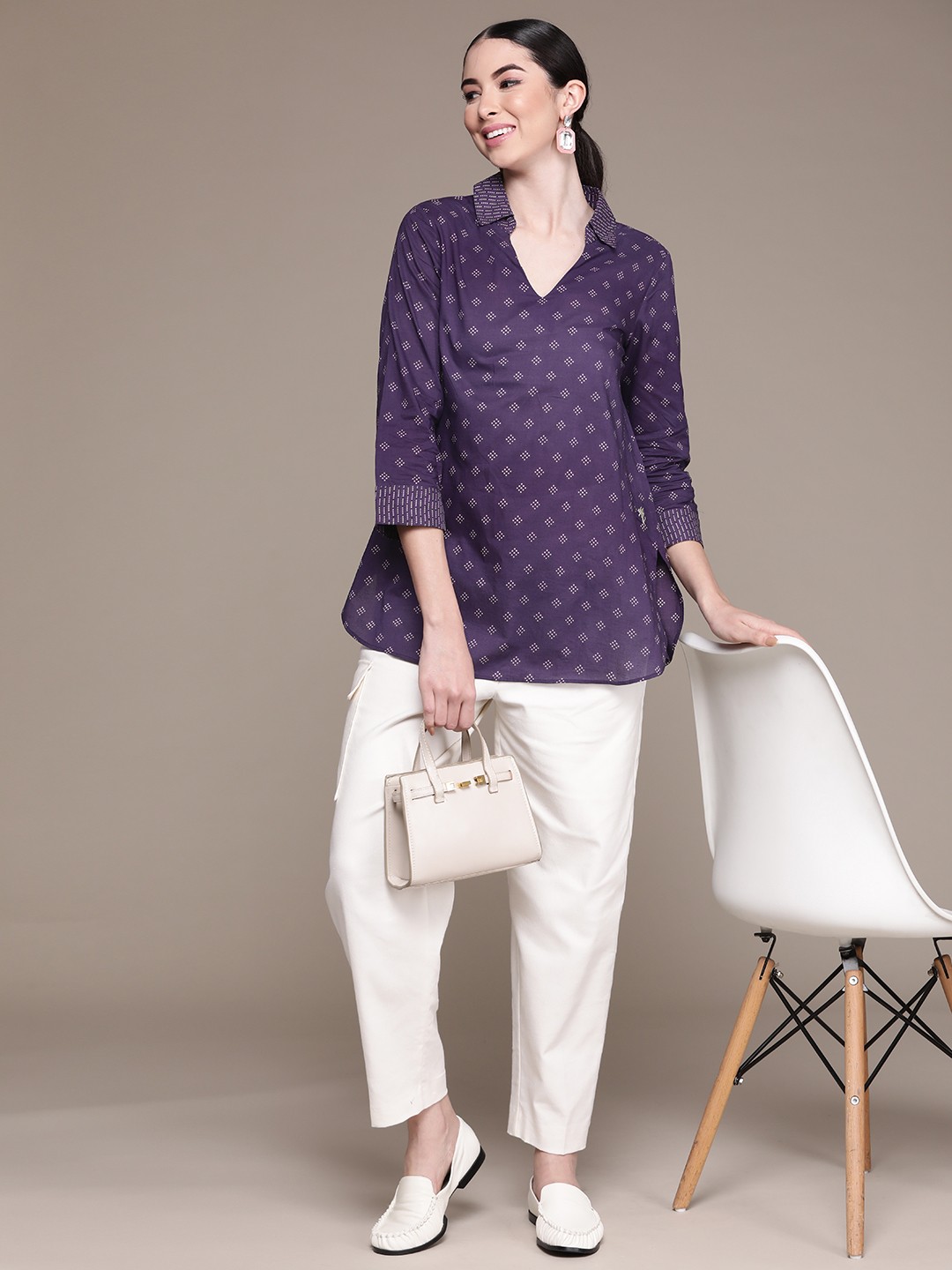 

Ritu Kumar Women Navy Blue Geometric Printed Shirt Collar Kurti