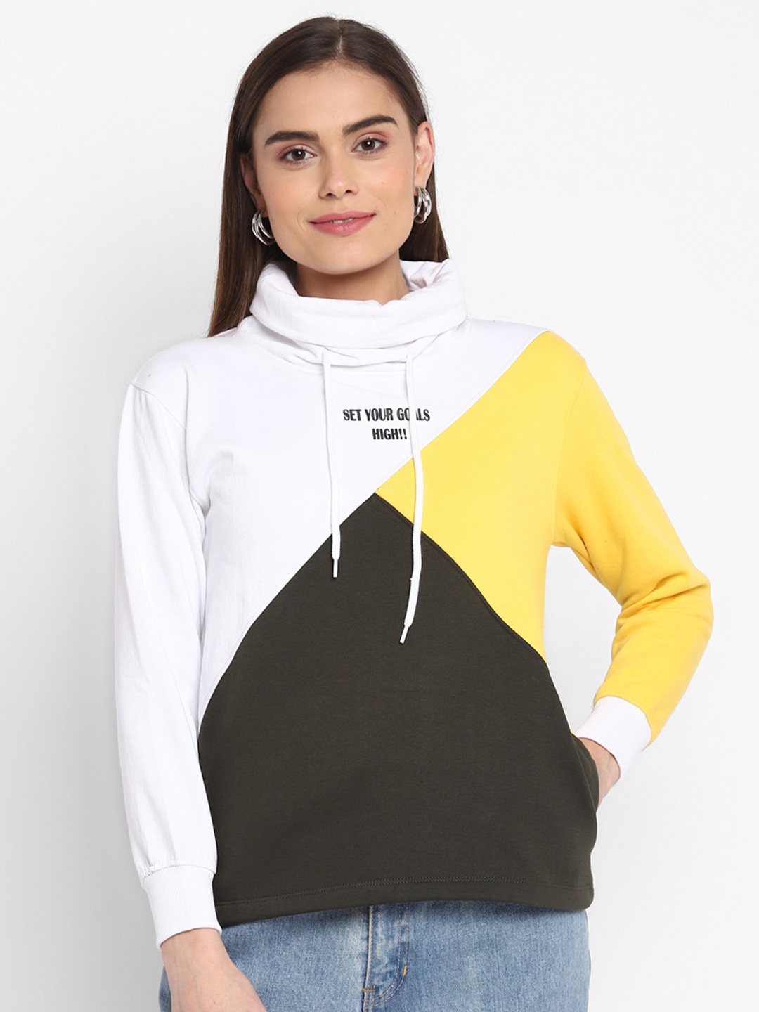 

LAMOURE BY RED CHIEF Women Green & White Colourblocked Sweatshirt
