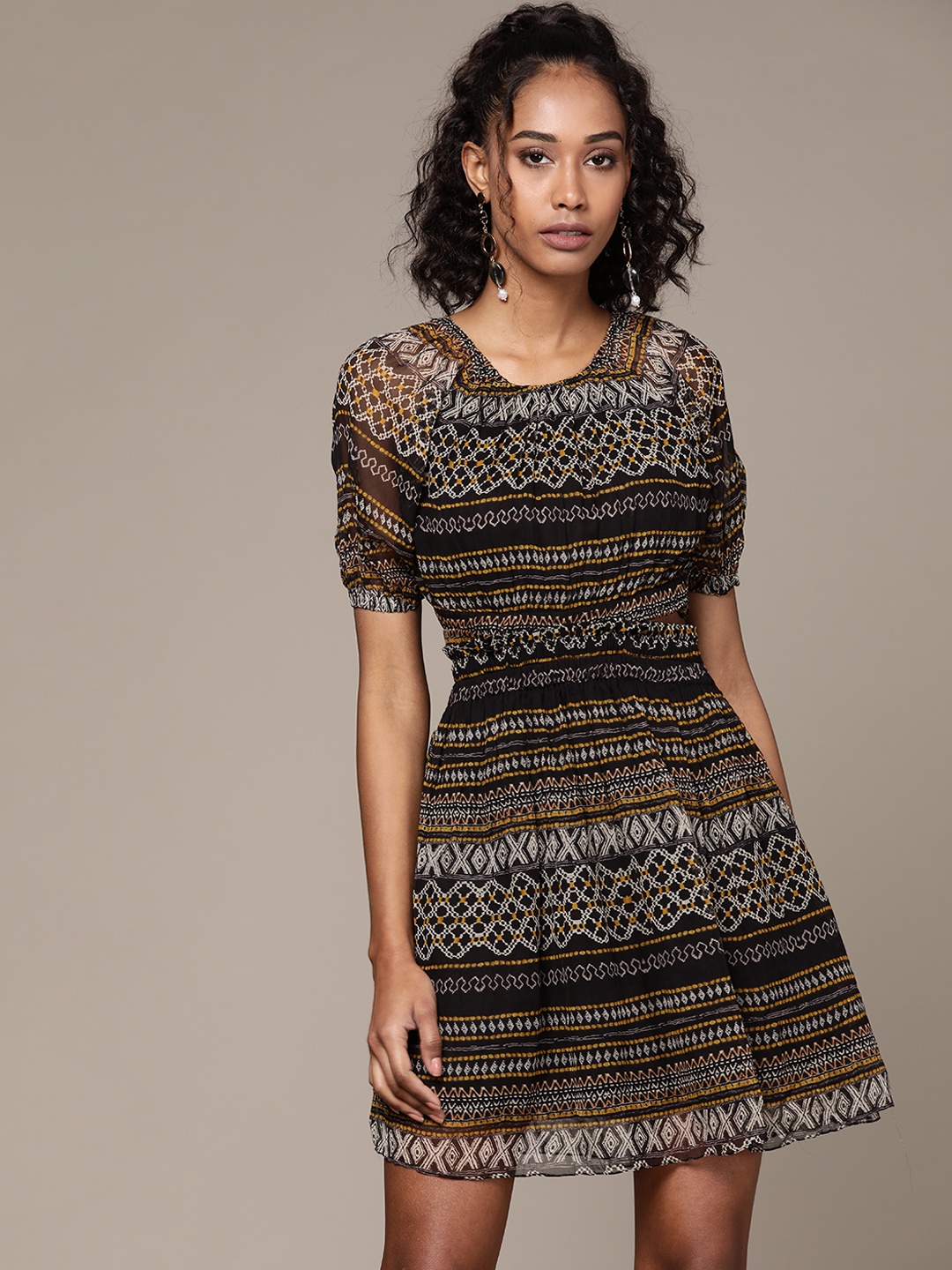 

Label Ritu Kumar Black Ethnic Motifs Chiffon Mini Dress