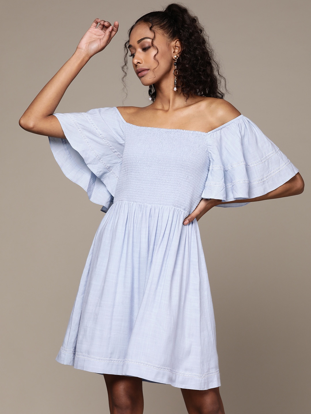 

Label Ritu Kumar Blue Off-Shoulder A-Line Mini Dress