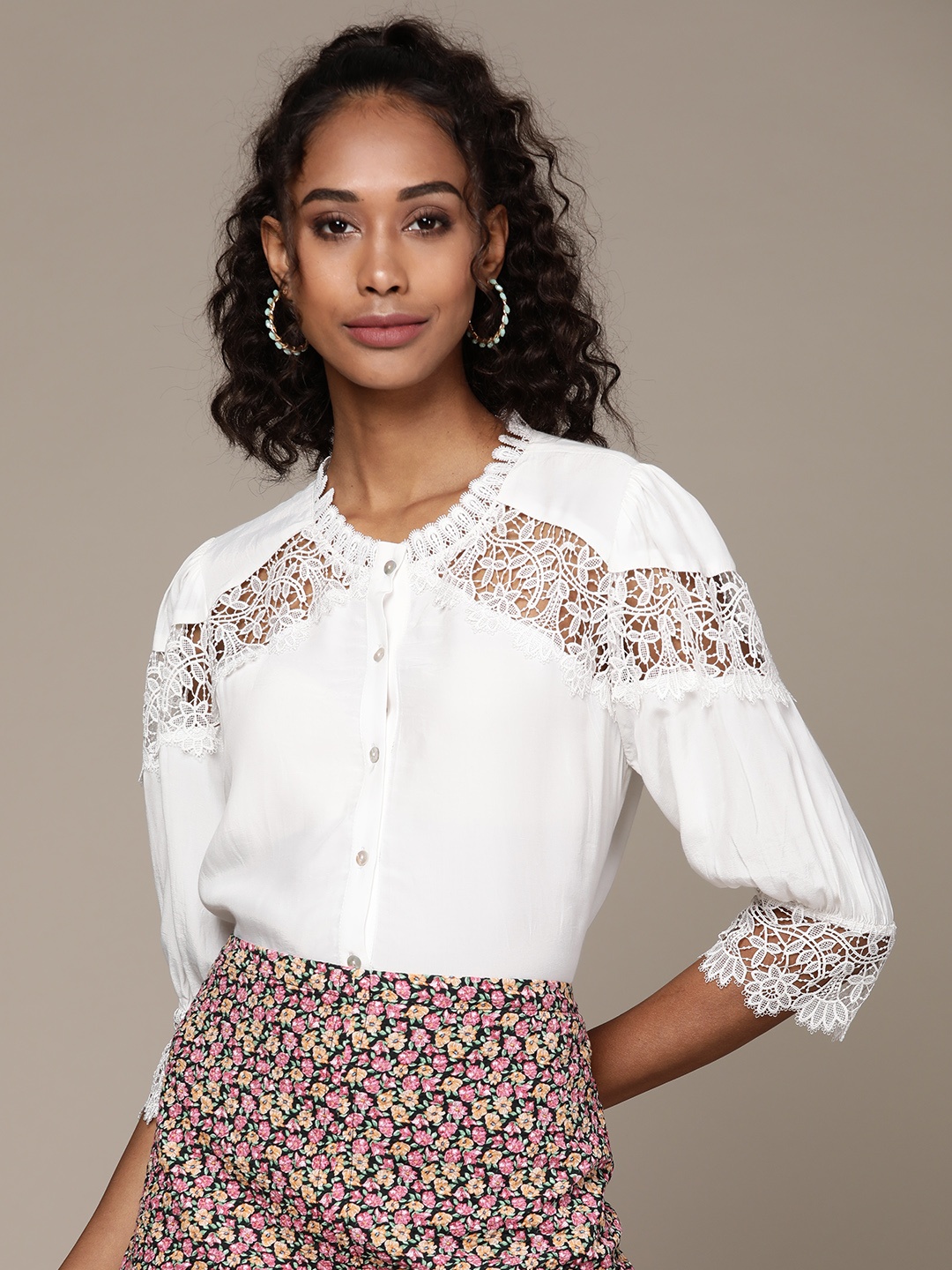 

Label Ritu Kumar Women White Regular Fit Solid Opaque Casual Shirt with Schiffli Detail