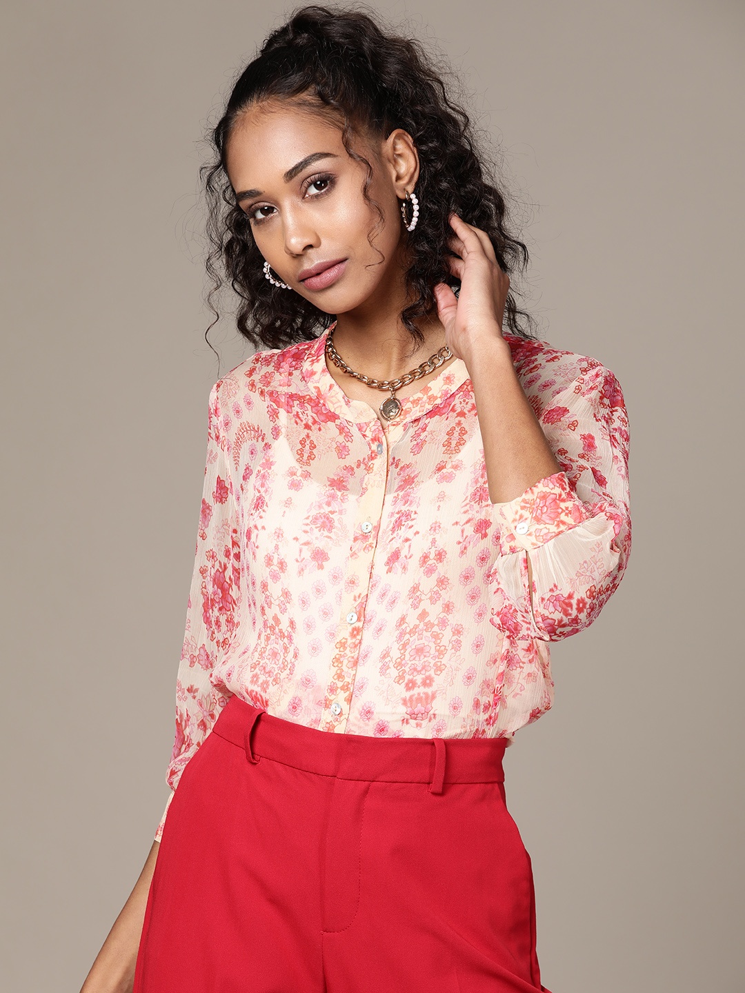 

Label Ritu Kumar Rose Pink Ethnic Motifs Semi Sheer Printed Casual Shirt & Camisole, Off white