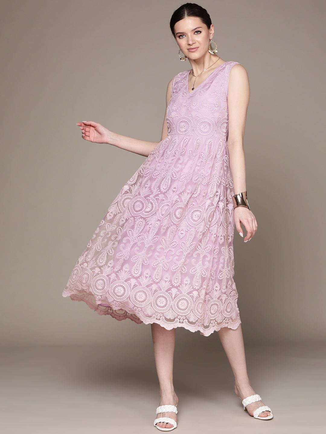 

Label Ritu Kumar Women Lavender Ethnic Motifs Embroidered Net A-Line Midi Dress