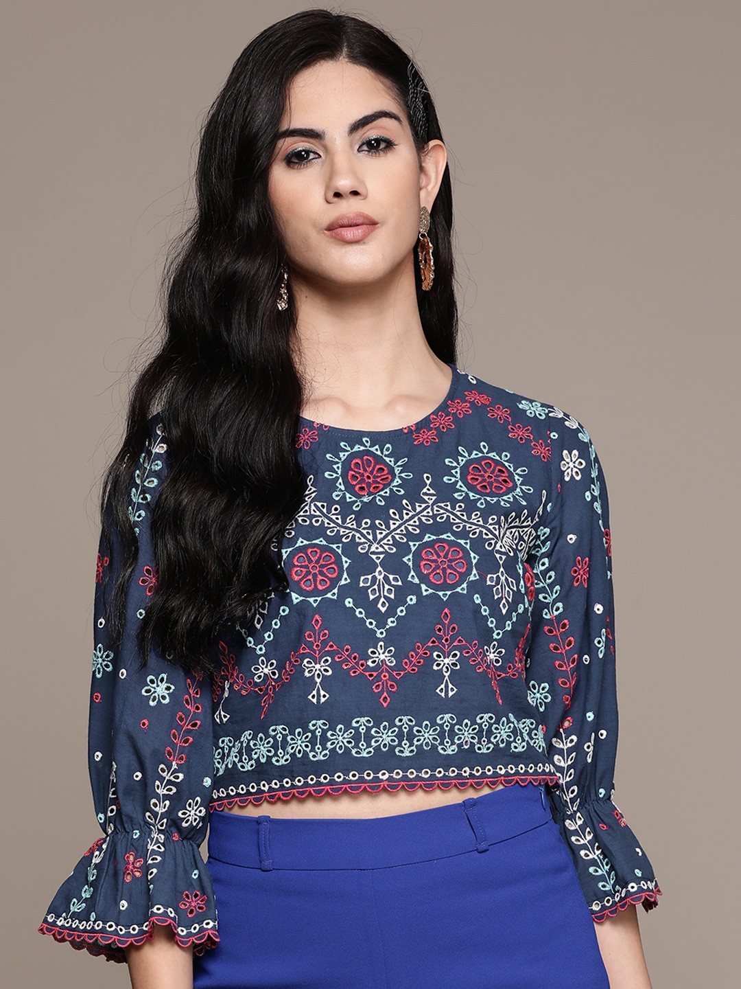 

Label Ritu Kumar Navy Blue Ethnic Motifs Embroidered Bell Sleeves Pure Cotton Schiffli Top