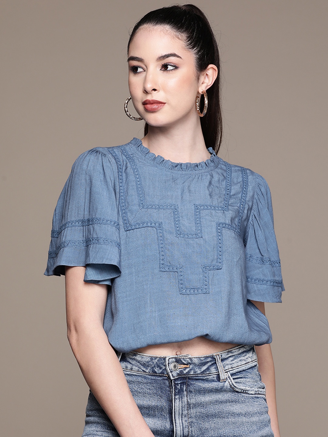 

Label Ritu Kumar Blue Solid Round Neck Flared Sleeves Lace Inserts Indigo Blouson Crop Top