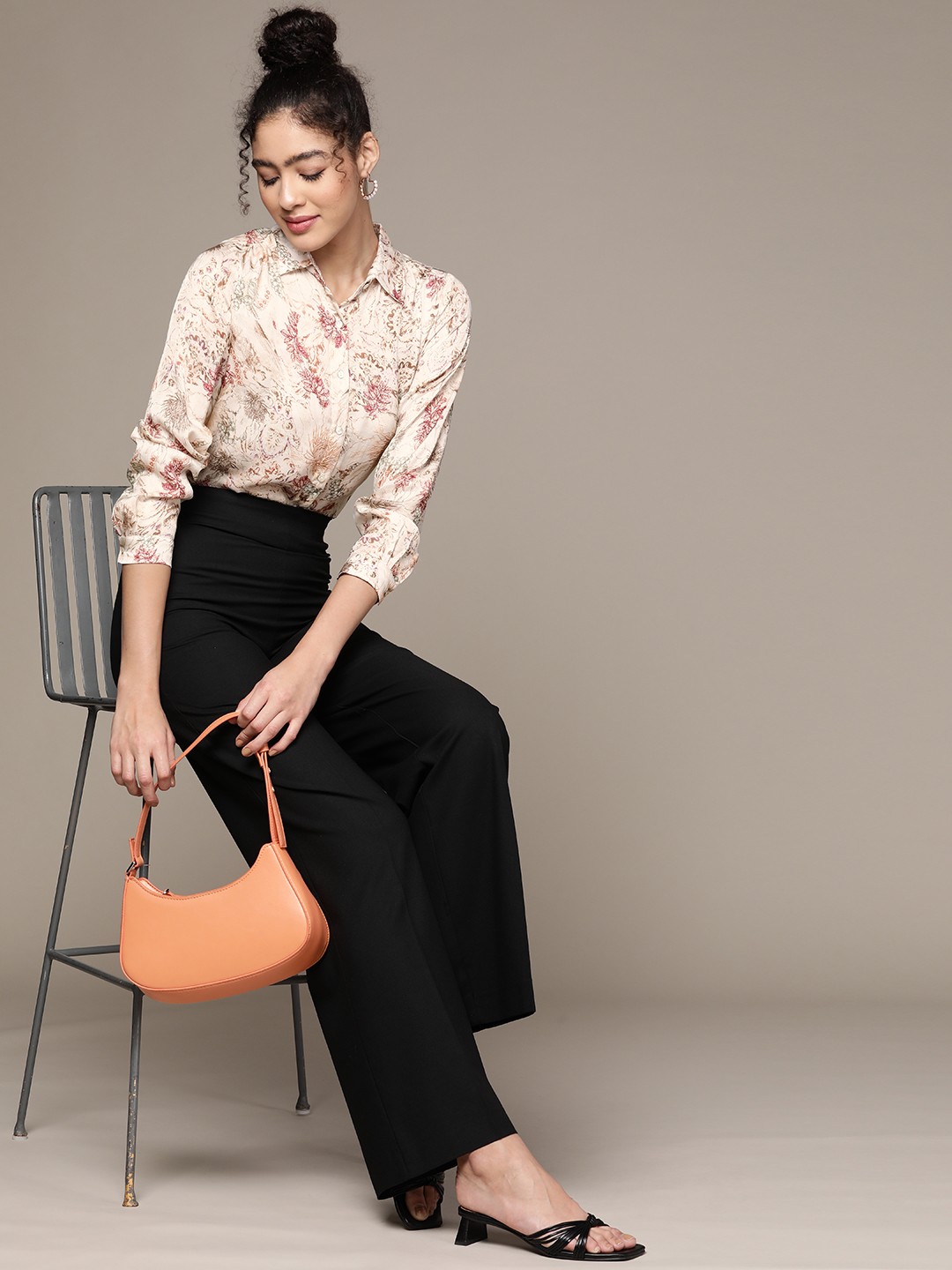 

Label Ritu Kumar Women Beige Regular Fit Floral Opaque Printed Satin Casual Shirt