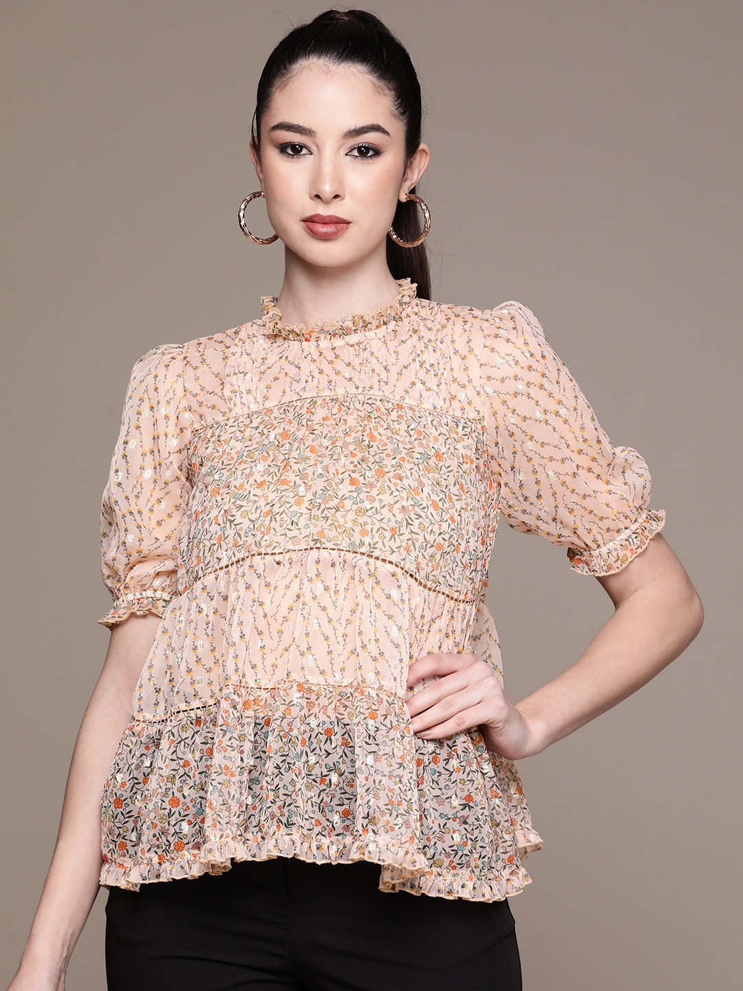 

Label Ritu Kumar Floral Print Puff Sleeves Ruffles Chiffon Semi-Sheer Top & Camisole, Pink